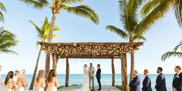 Beach wedding gazebo ceremony setup at Secrets Moxché Playa del Carmen