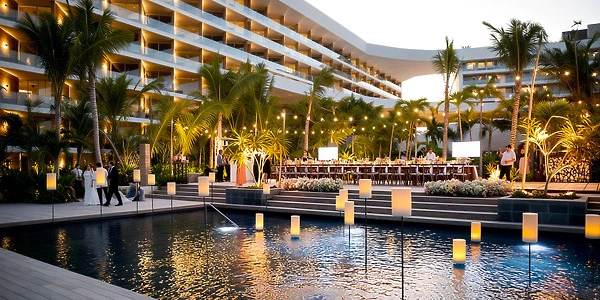 Pool Terrace wedding reception setup with reflecting pool at Secrets Moxché Playa del Carmen