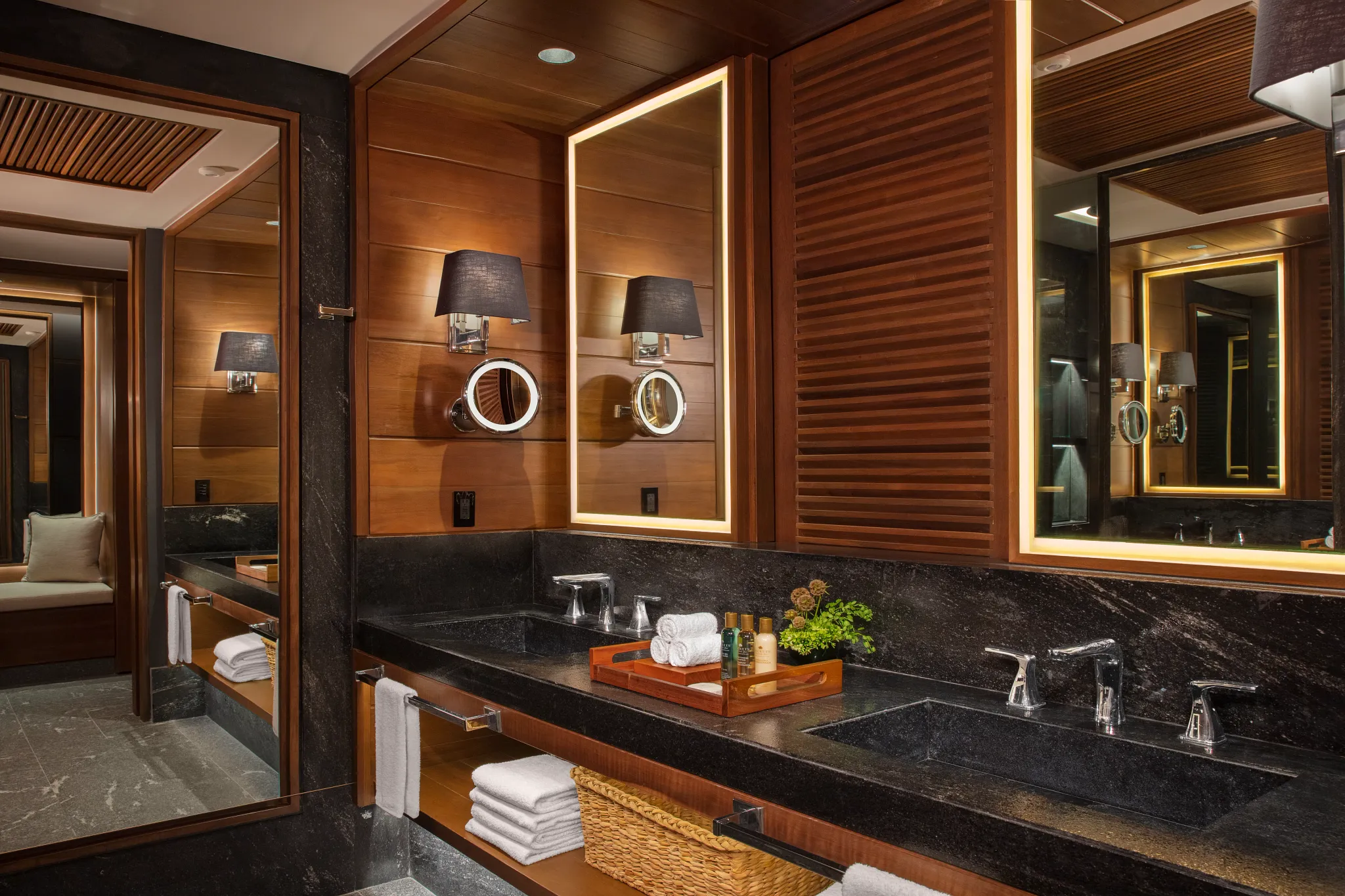 Preferred Club Junior Suite Swim Out Tropical View bathroom with double vanity at Secrets Moxché Playa del Carmen.