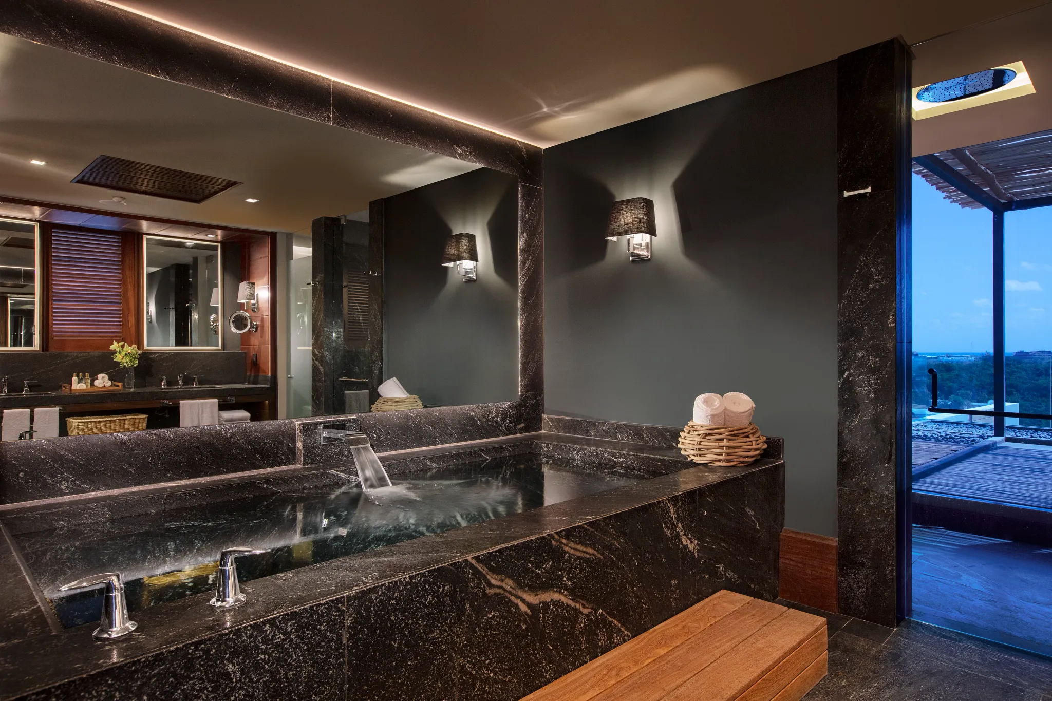 Preferred Club Ocean View Paramount Suite bathroom with soaking tub and walk-in shower at Secrets Moxché Playa del Carmen.